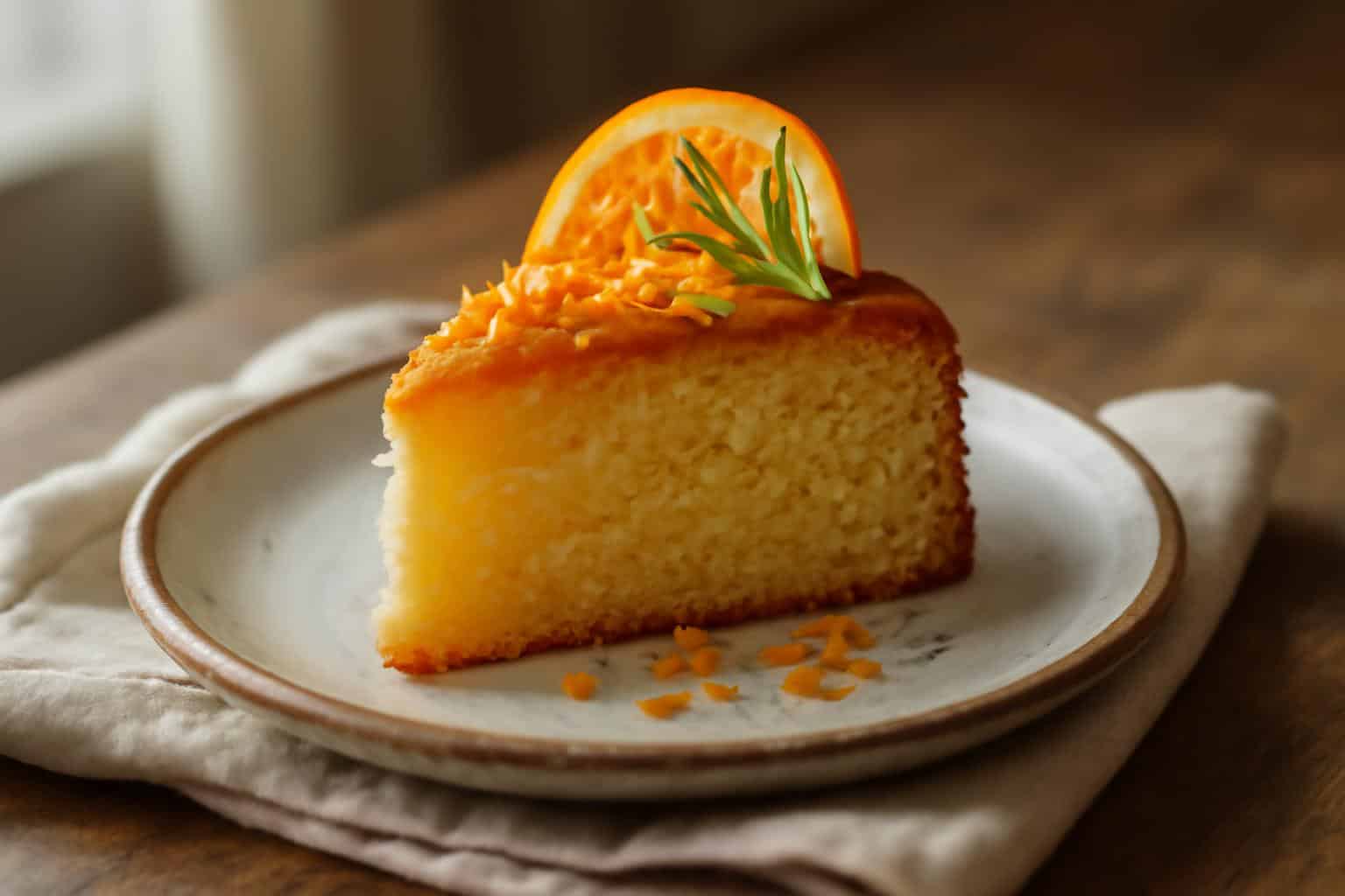 Moist slice of winter orange cake garnished with orange zest and rosemary, showcasing the winter orange cake