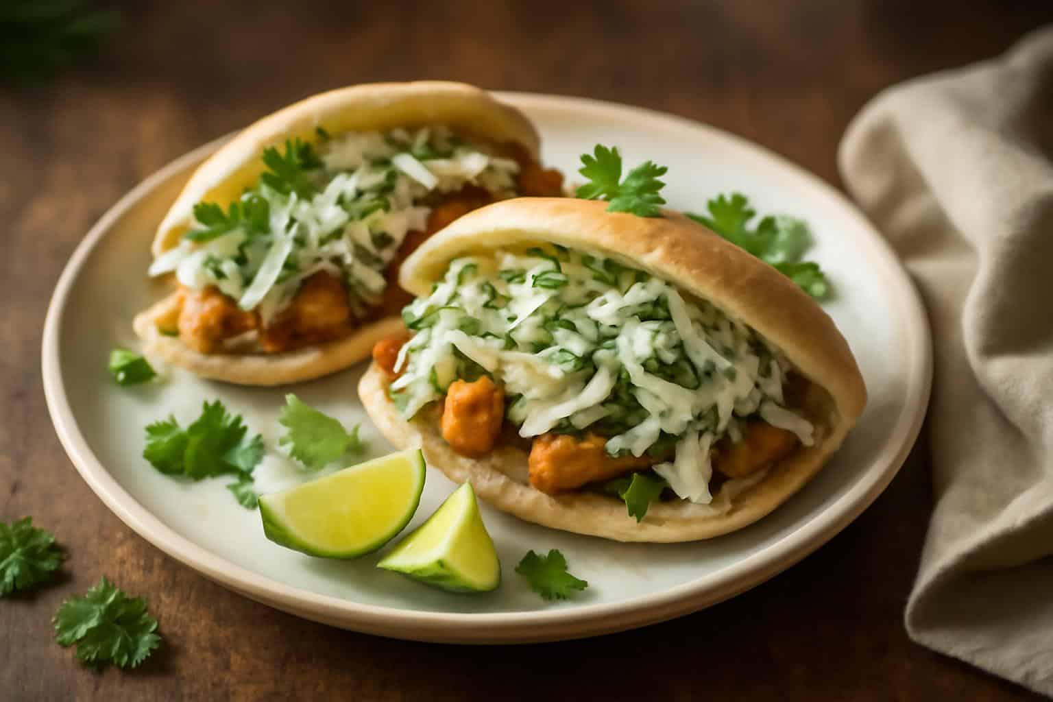 Zesty chicken pitas with creamy herby ranch slaw on rustic wooden table