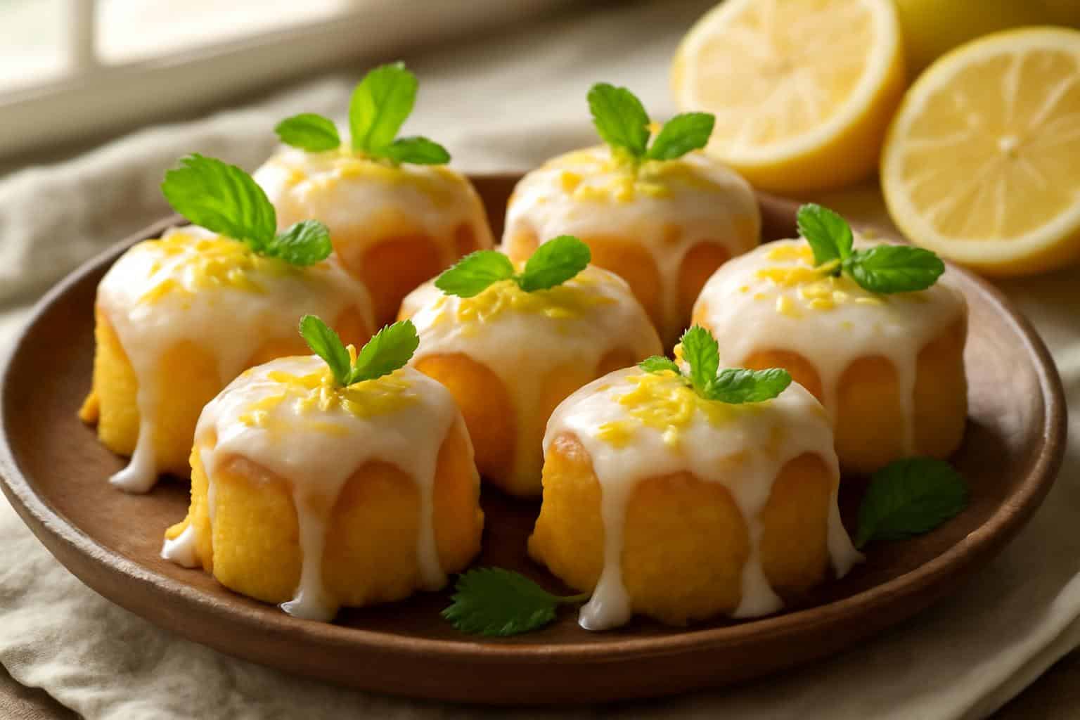 Freshly baked lemon drizzle cakes with zesty lemon icing and garnished with lemon zest and mint