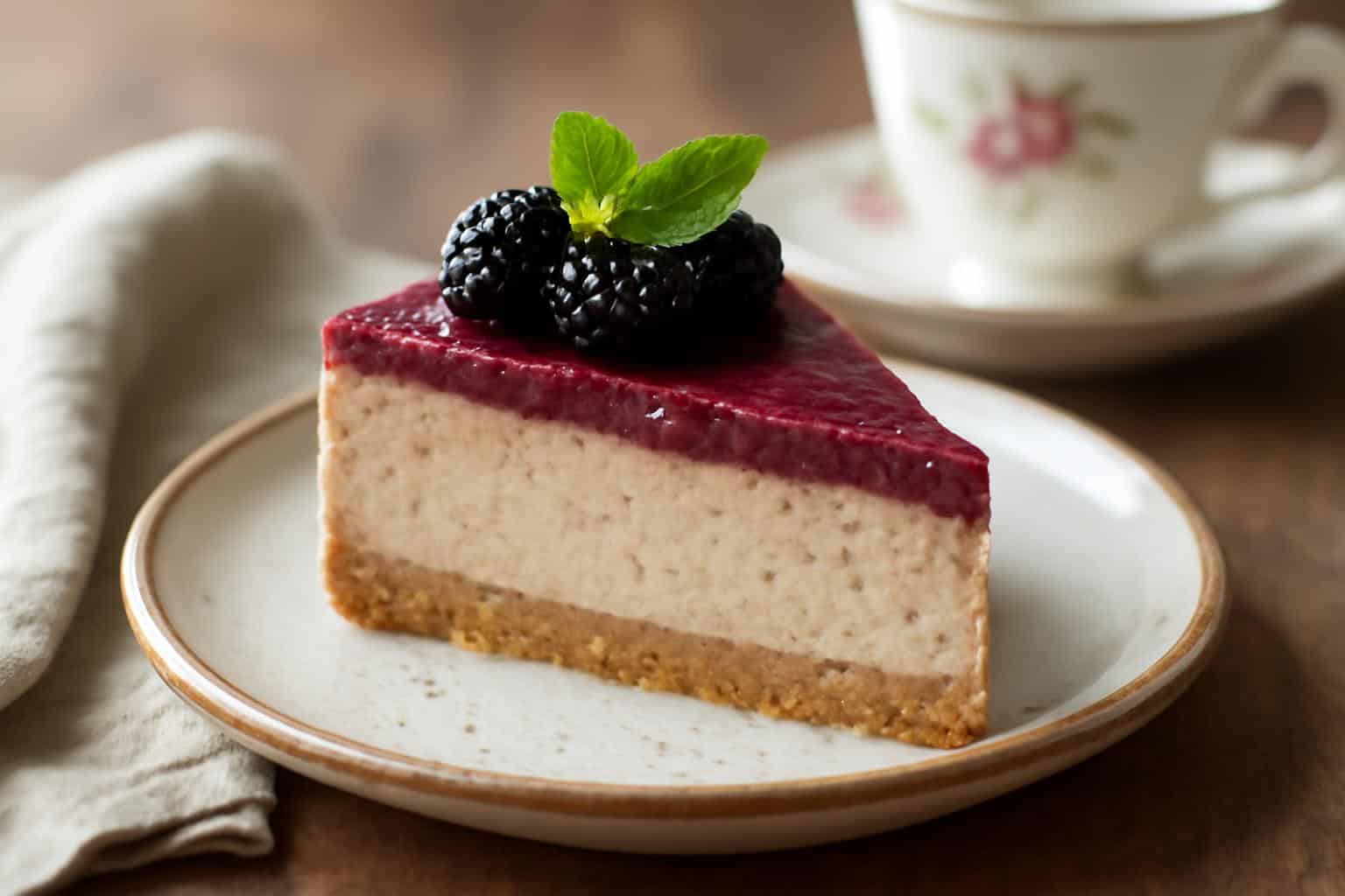slice of mulberry earl grey cheesecake garnished with fresh mulberries and mint