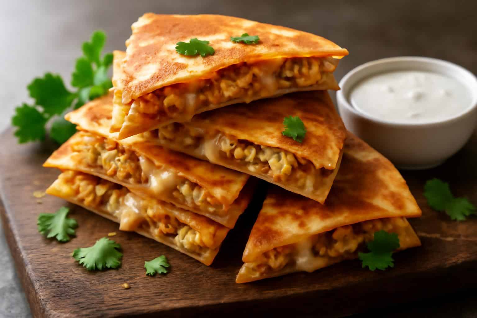Golden-brown chicken ranch quesadillas sliced with melty cheese and ranch sauce garnish
