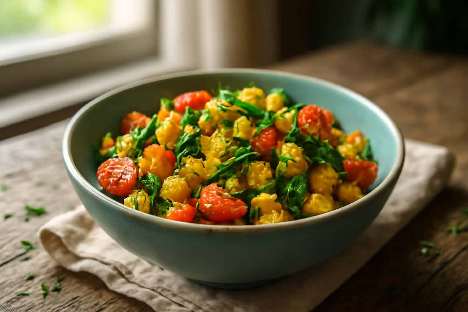 Vegan breakfast scramble with tofu, bell peppers, spinach, and tomatoes vibrant and fresh