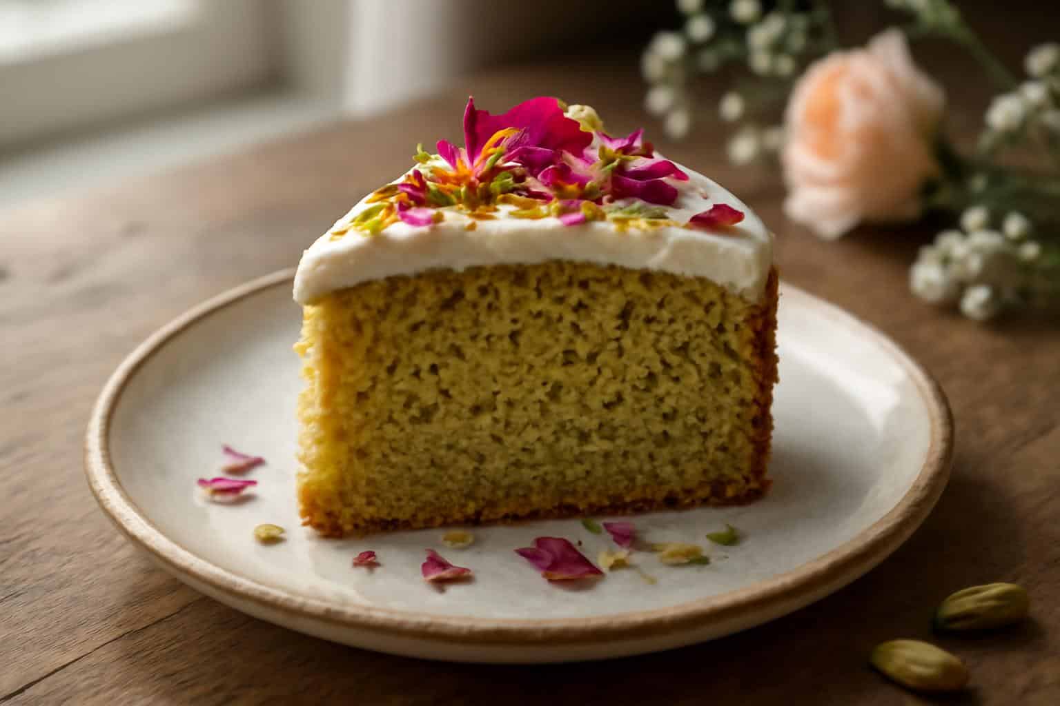 slice of pistachio rose cake with cardamom and rose petal garnish on rustic plate