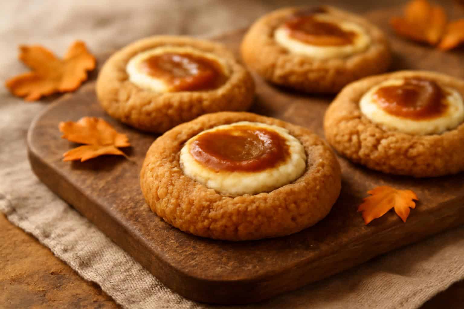 Pumpkin butter cheesecake cookies fresh from the oven with creamy filling and fall spices