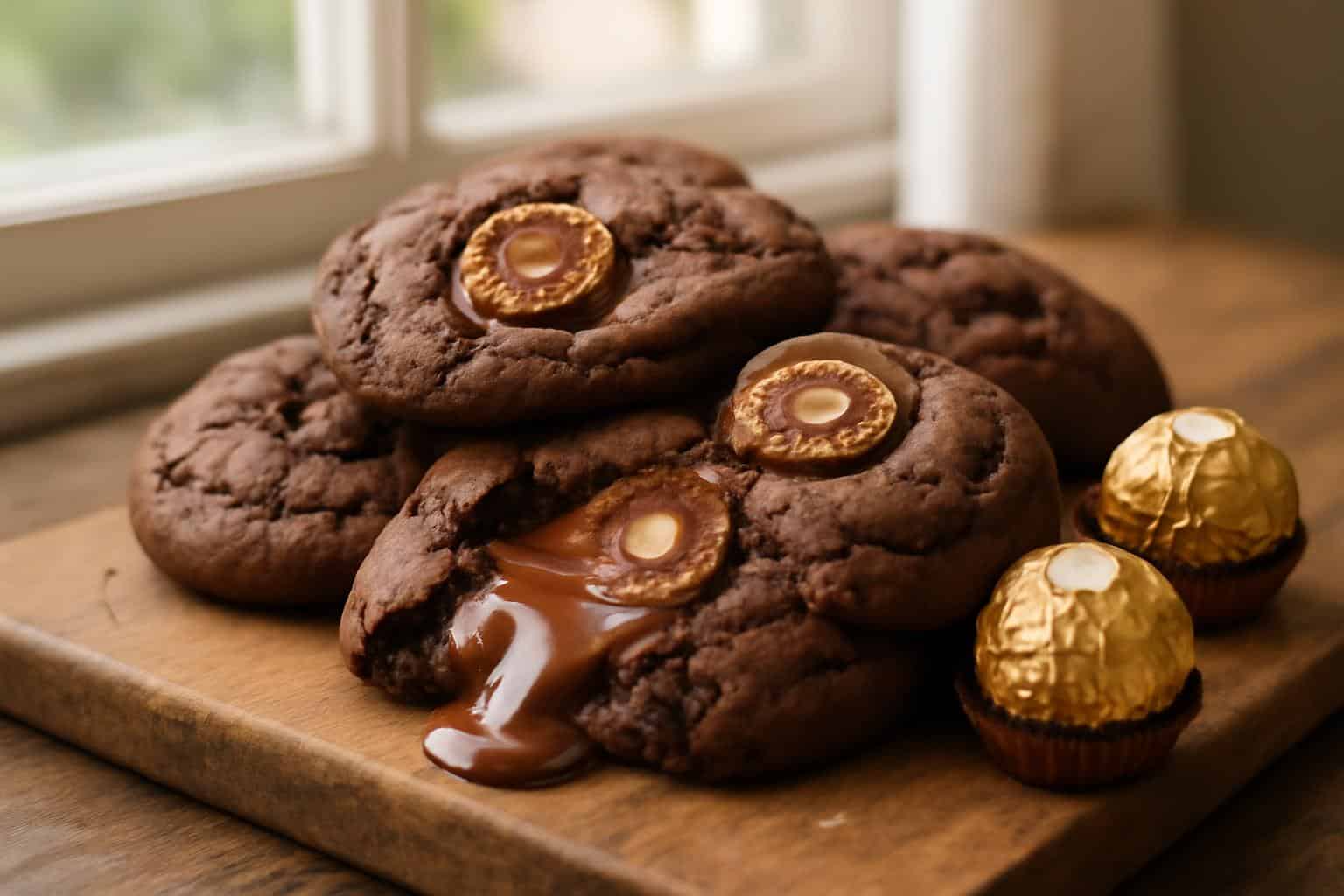 Double chocolate cookies stuffed with Ferrero Rocher chocolates on rustic board in natural light