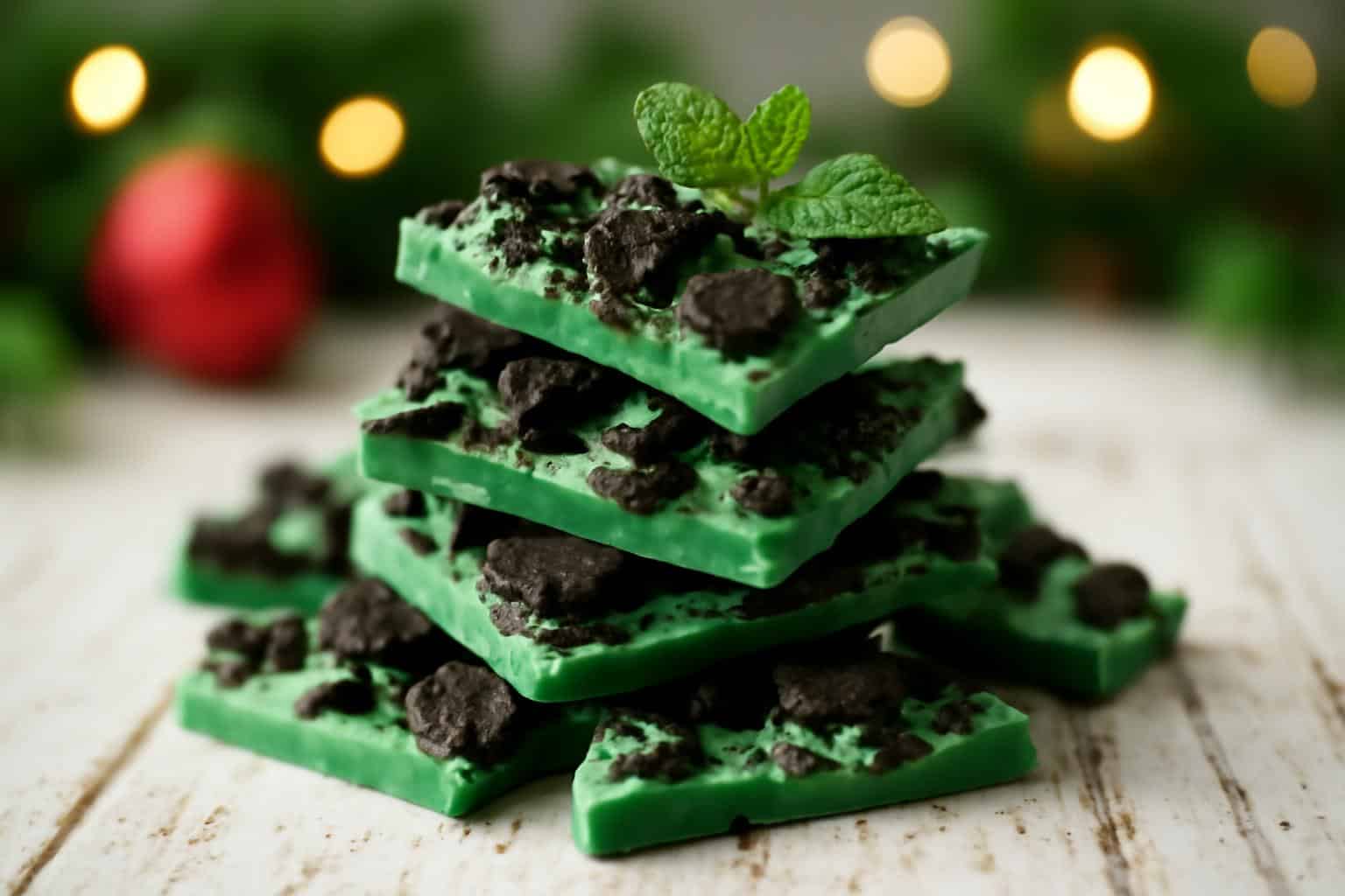 Festive mint oreo bark pieces stacked on wooden table with crushed mint oreos and mint garnish
