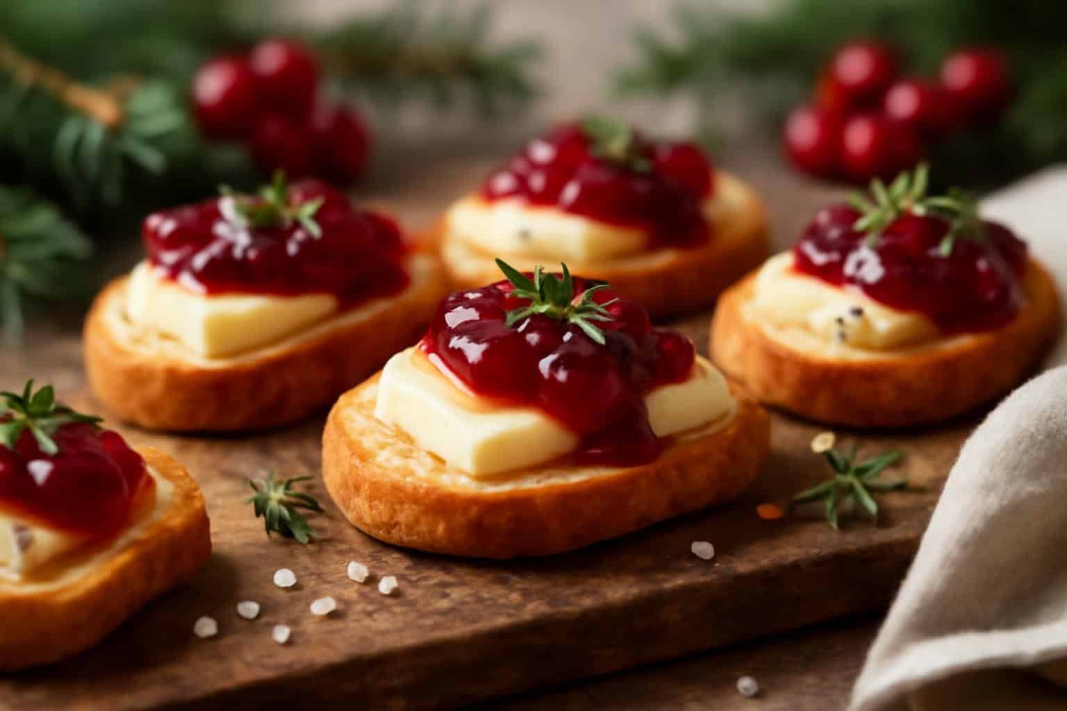 Festive cranberry brie crostini appetizer with creamy cheese and cranberry topping