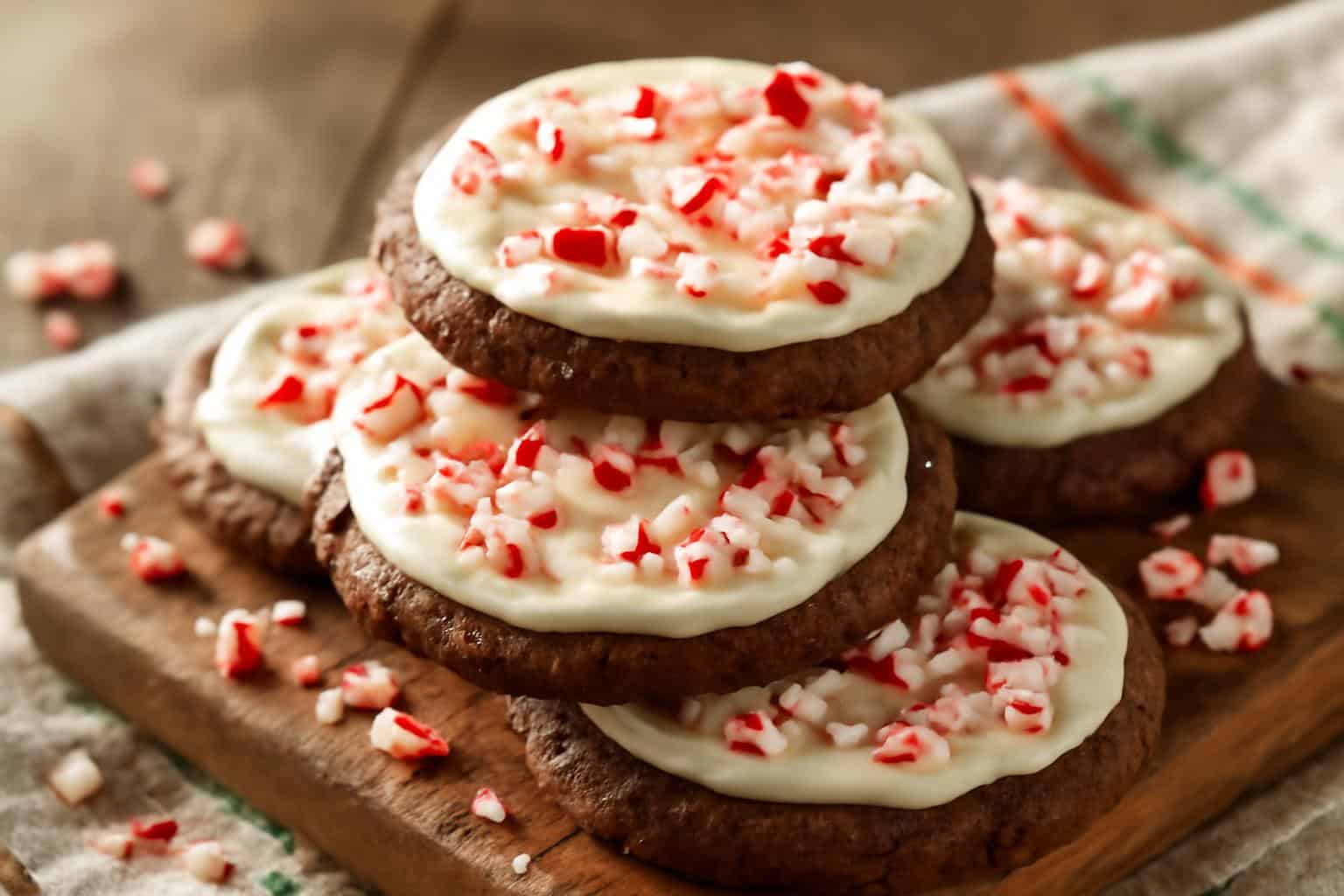 freshly baked peppermint bark cookies topped with crushed candy canes on rustic wooden board