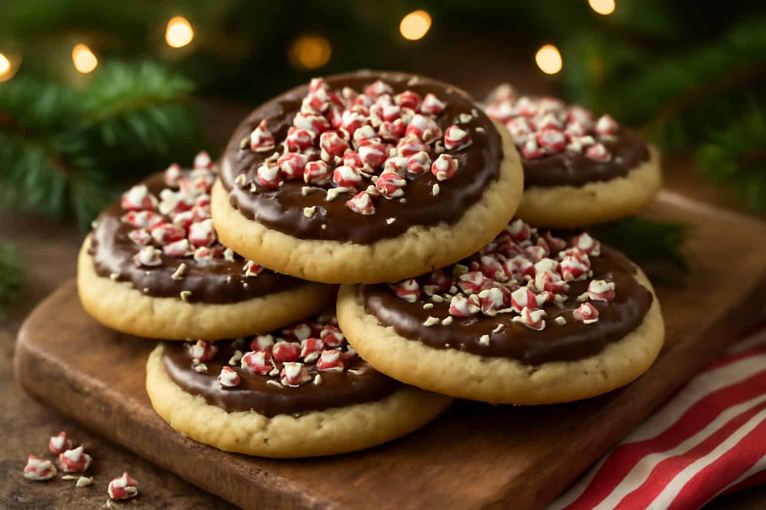 freshly baked festive peppermint bark cookies with crushed candy canes and chocolate drizzle