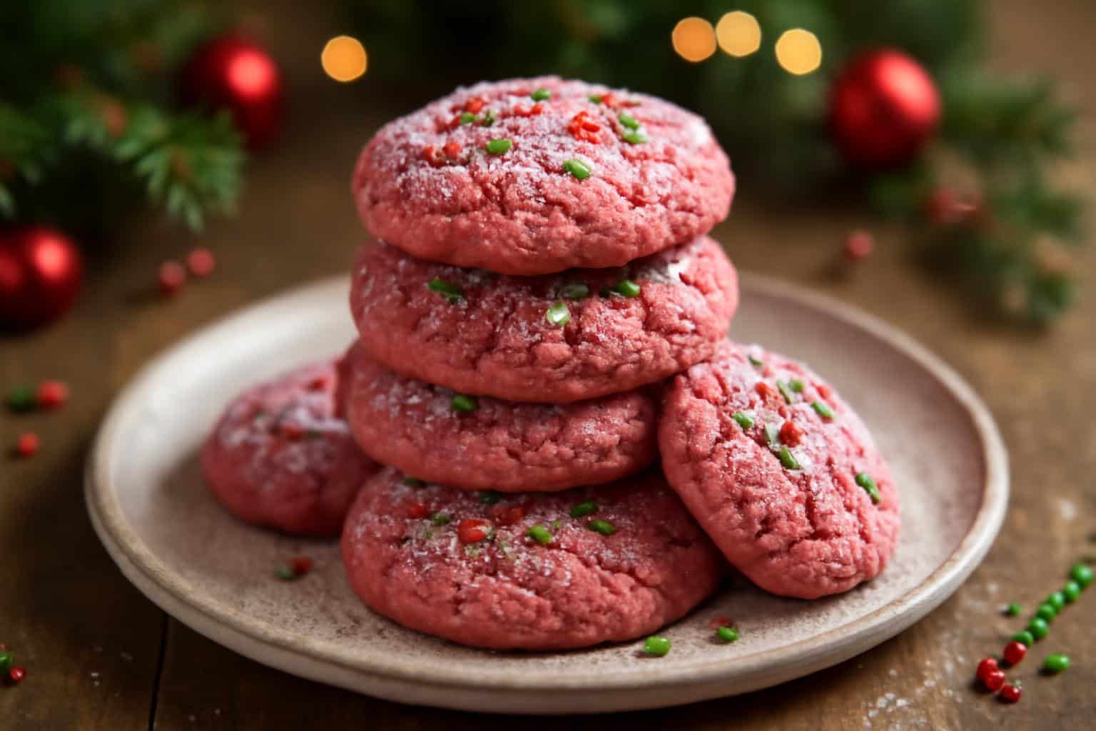 Freshly baked festive pink velvet cookies stacked on a plate with sprinkles and powdered sugar