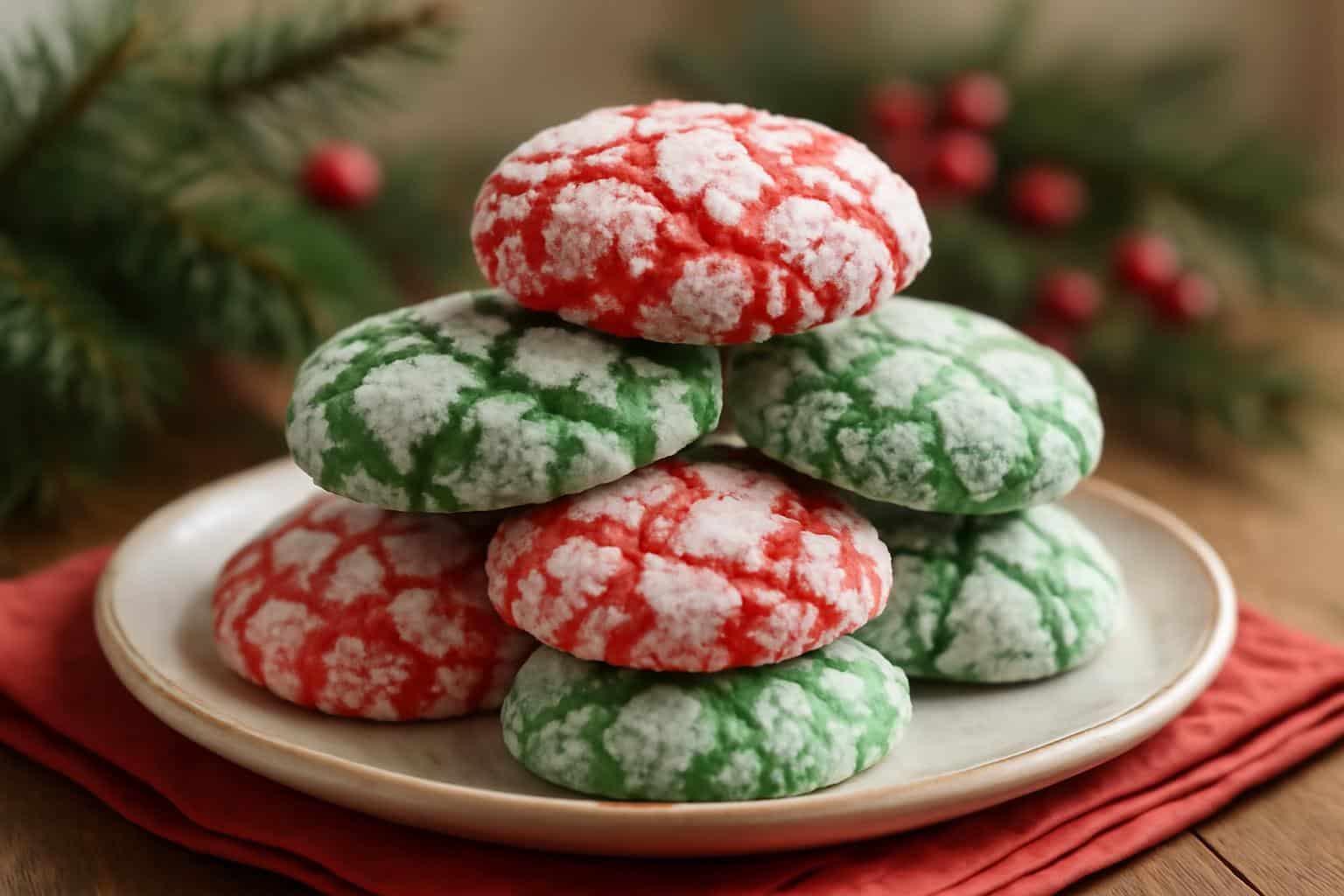 Festive red green crinkle cookies stacked on a plate with powdered sugar coating