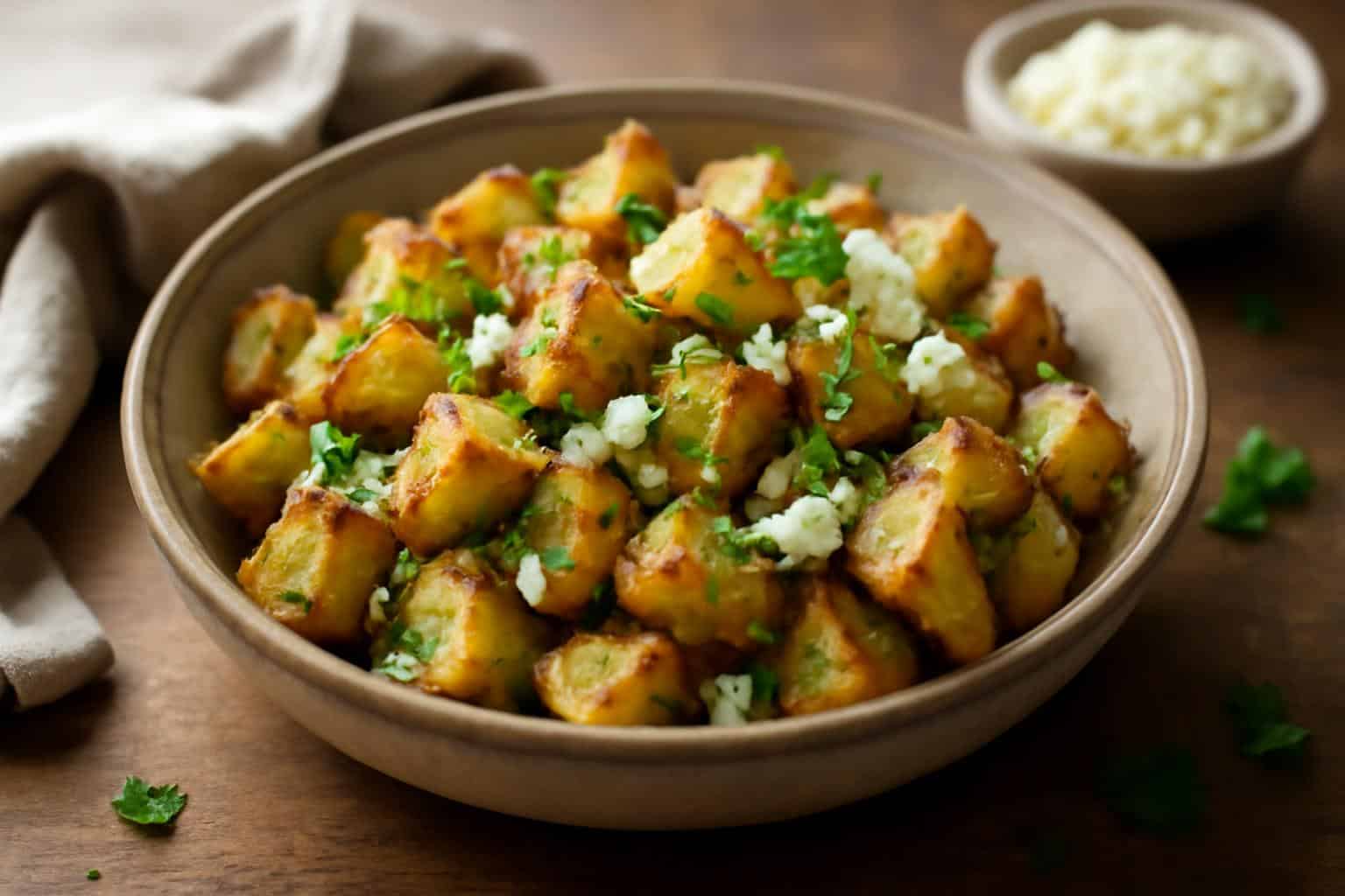 Feta garlic potatoes served in a bowl garnished with parsley and crumbled feta cheese