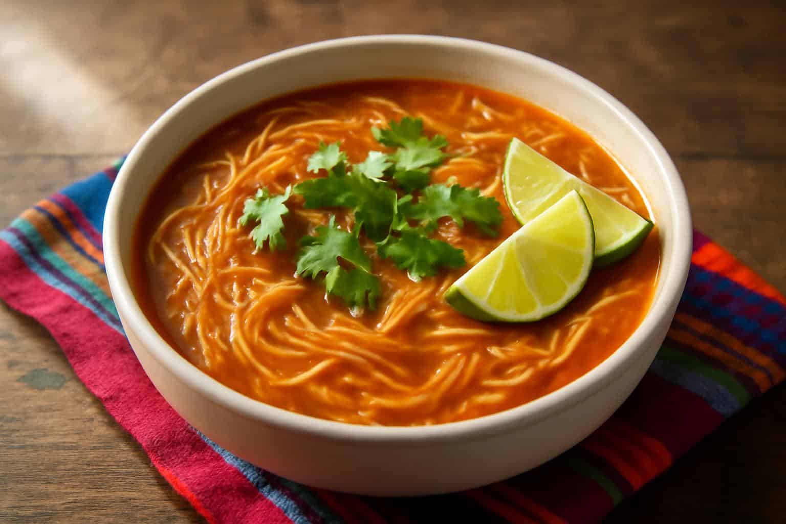 Bowl of fideo noodle soup with tomato broth and fresh cilantro garnish