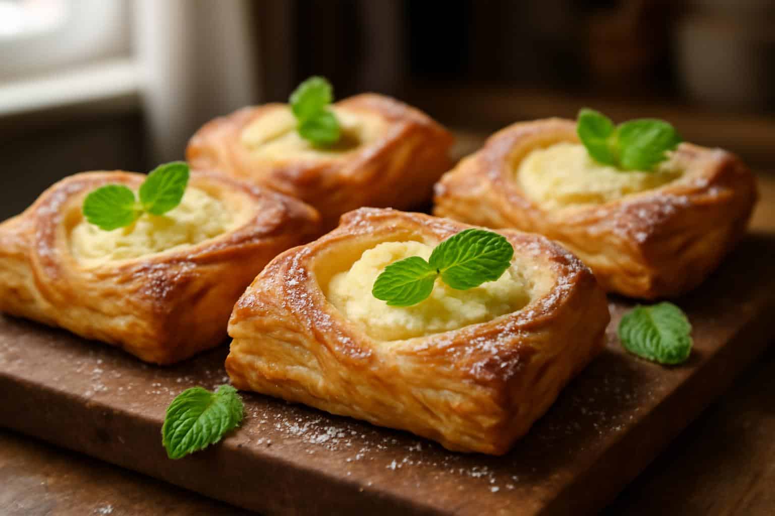 Freshly baked flaky cheese danish pastries with golden layers and creamy filling on rustic board