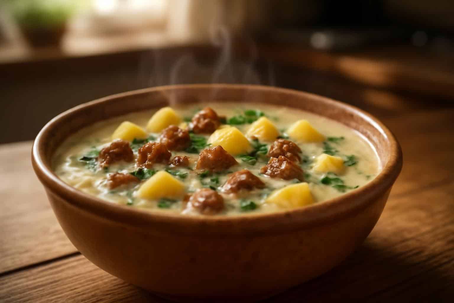 Hearty sausage potato soup in a rustic bowl garnished with parsley, showcasing the sausage potato soup