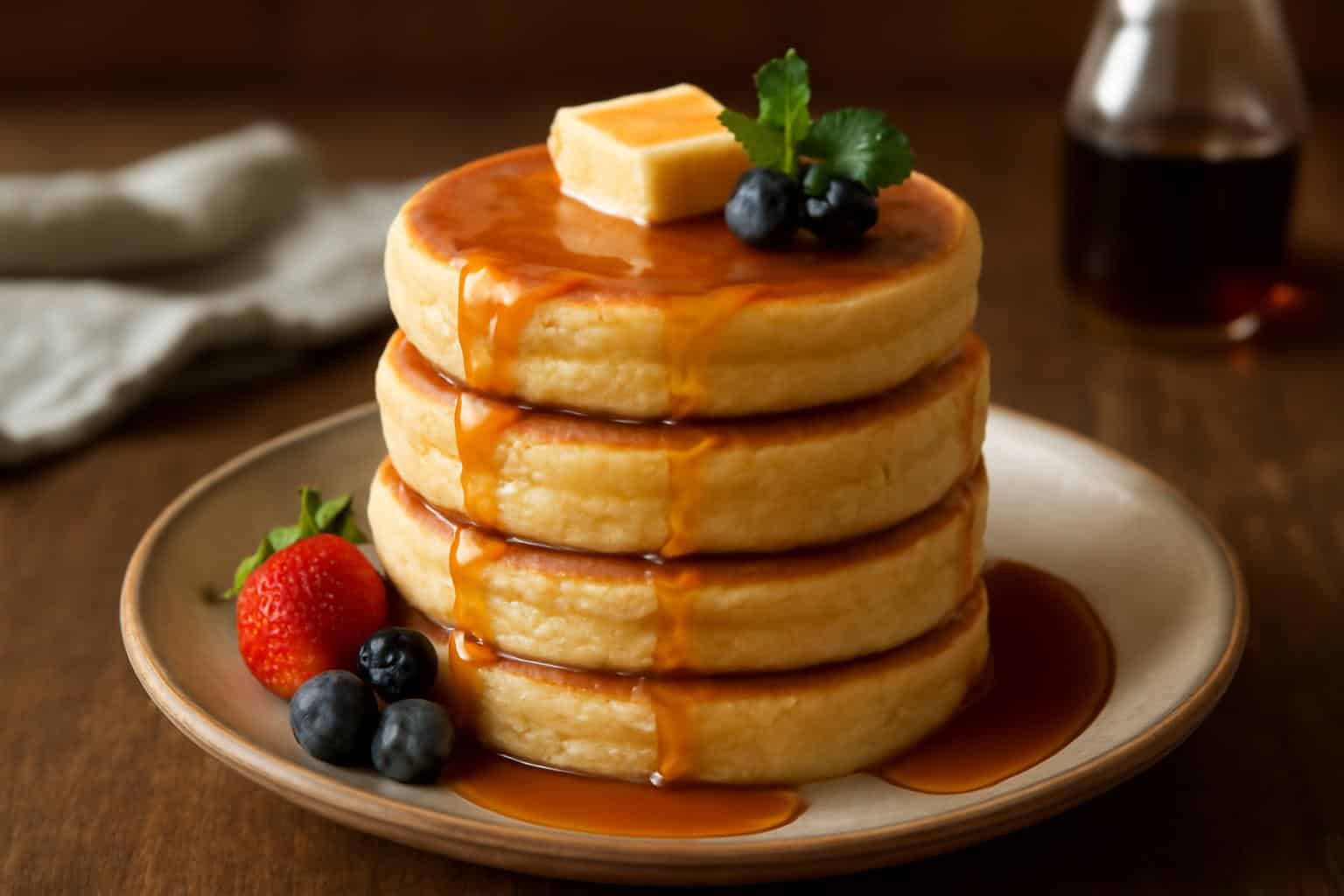 Stack of fluffy Japanese soufflé pancakes topped with butter and syrup, garnished with berries and mint