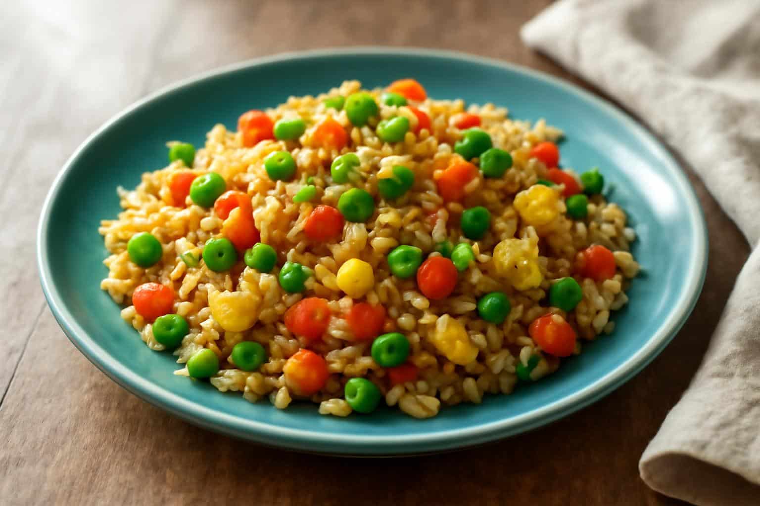 freakin’ fantastic fried rice with vegetables and eggs in a rustic bowl