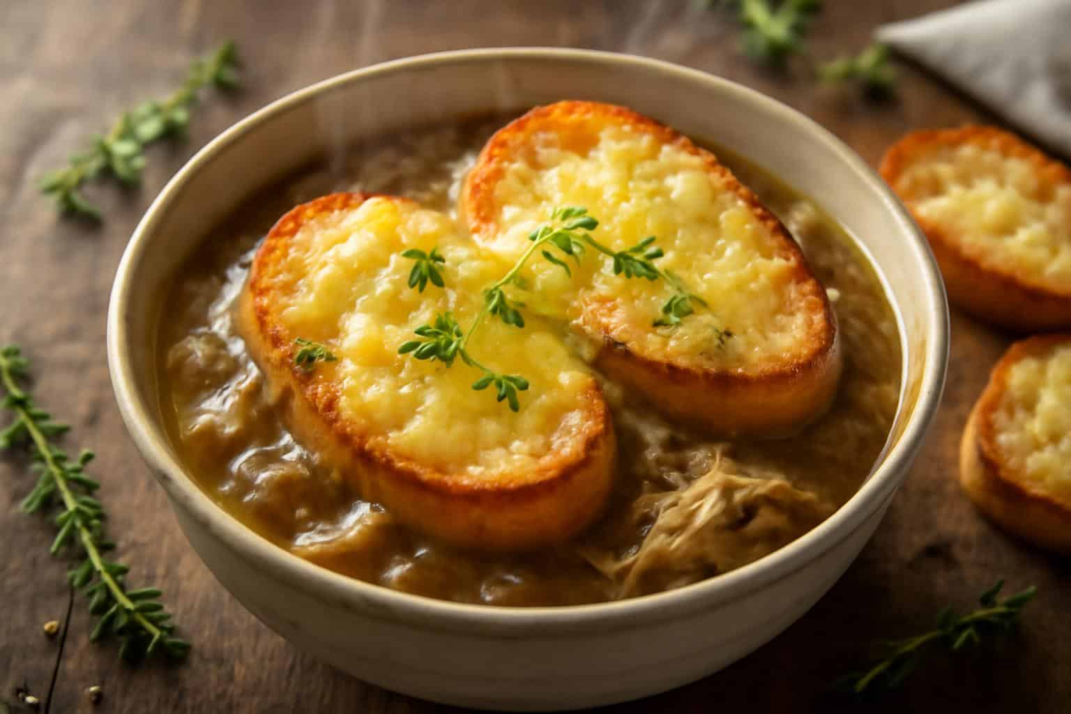 Bowl of French onion chicken soup with melted cheese and toasted baguette slices