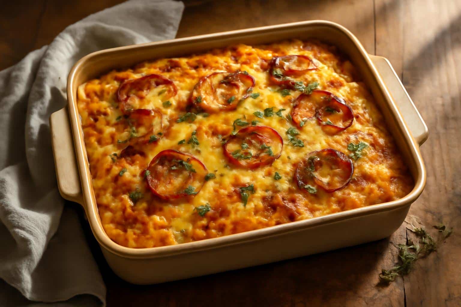 Baked French onion orzo bake with caramelized onions and cheese topped with fresh thyme