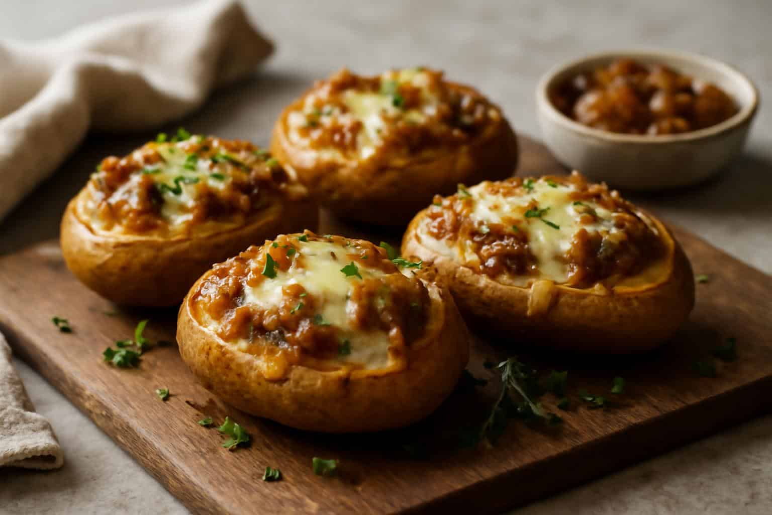 French onion stuffed potatoes with caramelized onions and melted cheese served on rustic wooden board