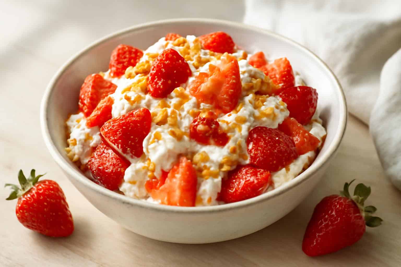 Fresh strawberry crackle salad with whipped cream and crunchy topping in a rustic bowl