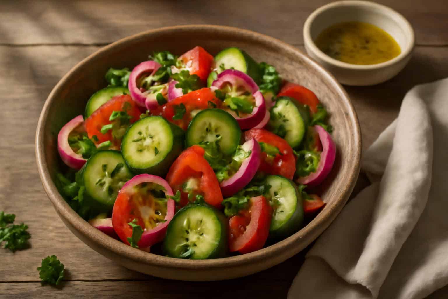 Fresh tangy cucumber onion tomato salad in rustic bowl with parsley garnish