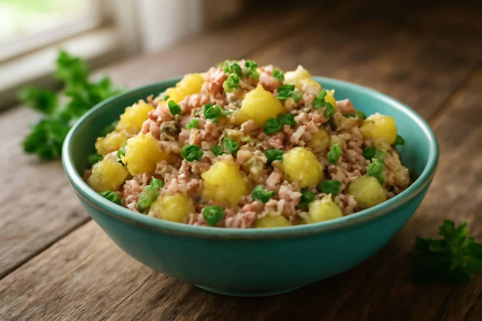 Fresh tuna potato salad featuring tender potatoes and flaked tuna with herbs and celery