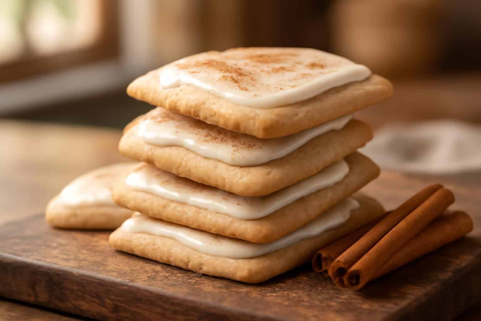 Frosted brown sugar cinnamon cookies stacked on a wooden board with cinnamon garnish
