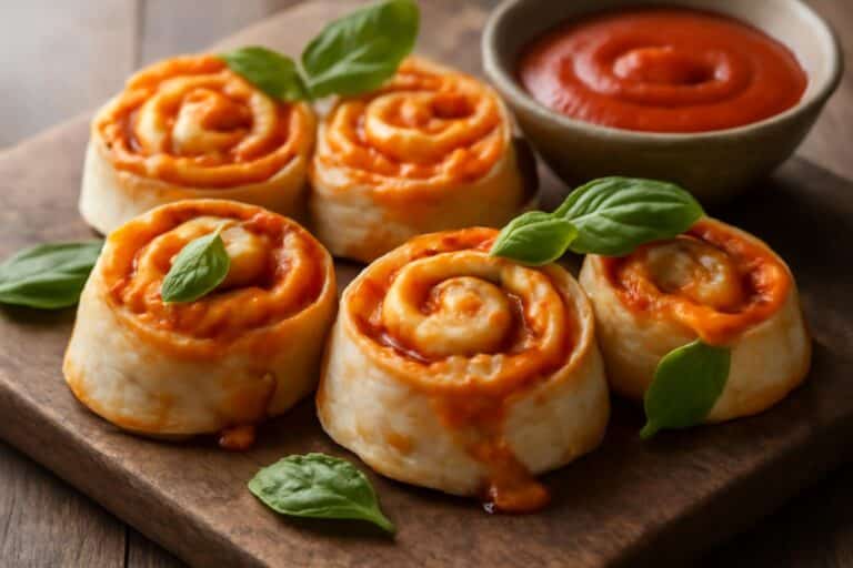 Golden baked tortilla pizza rolls with melty cheese and fresh basil garnish on a rustic board