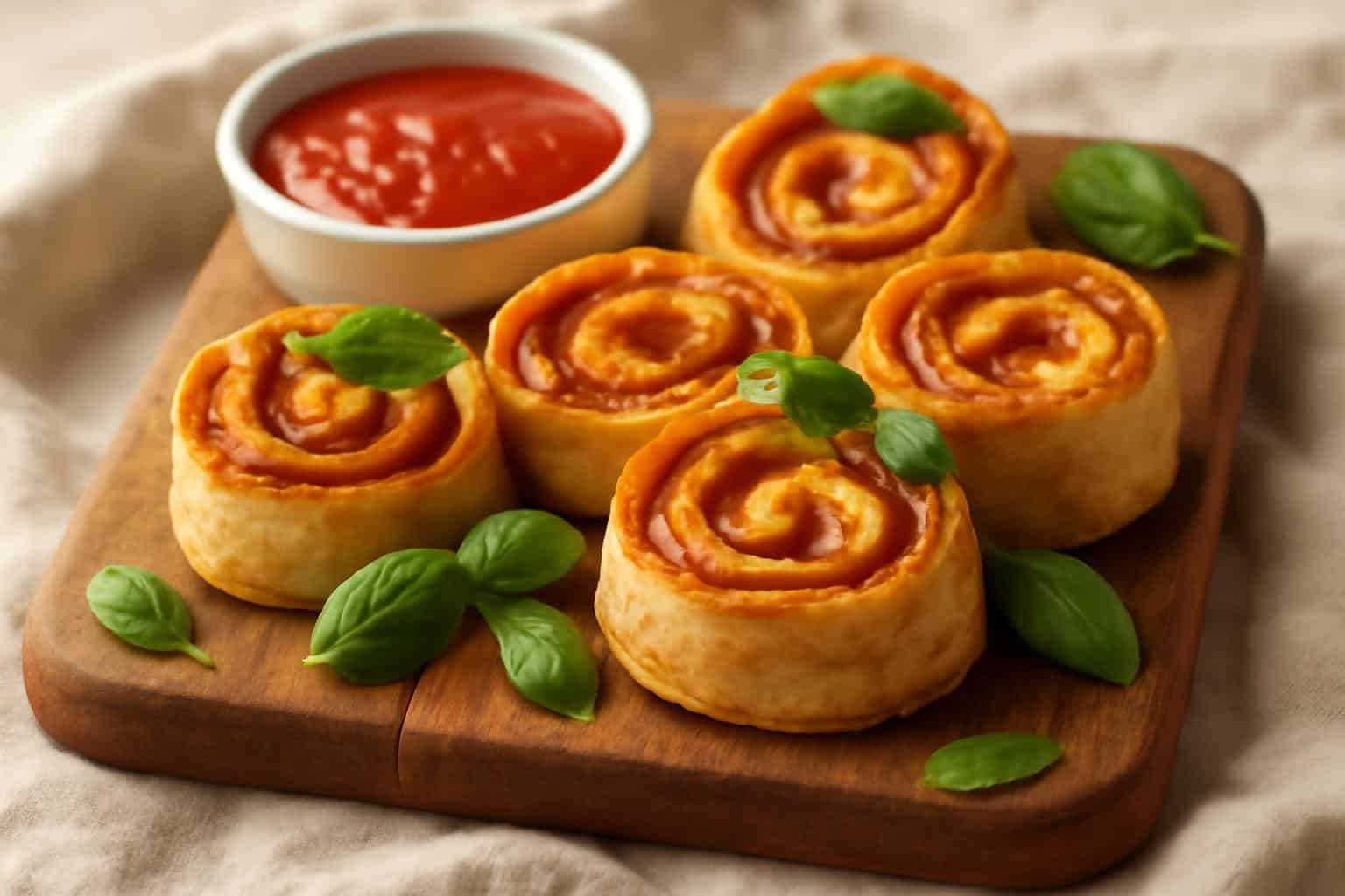 Freshly baked tortilla pizza rolls garnished with basil and served with marinara sauce, showing tortilla pizza rolls
