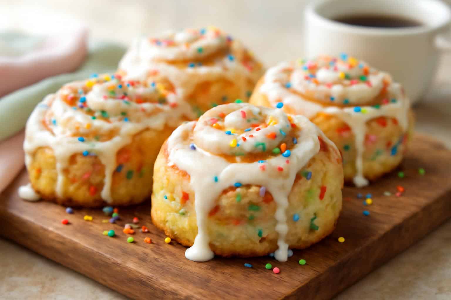 Freshly baked funfetti cinnamon rolls with colorful sprinkles and icing, soft and fluffy cinnamon rolls
