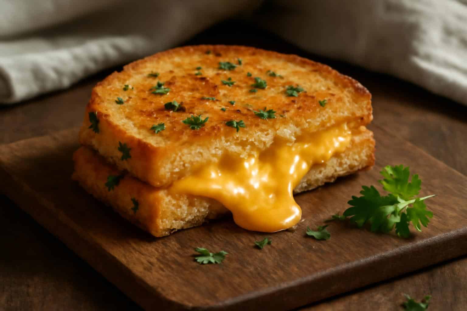 Golden garlic bread grilled cheese sandwich with melted cheese and fresh parsley garnish