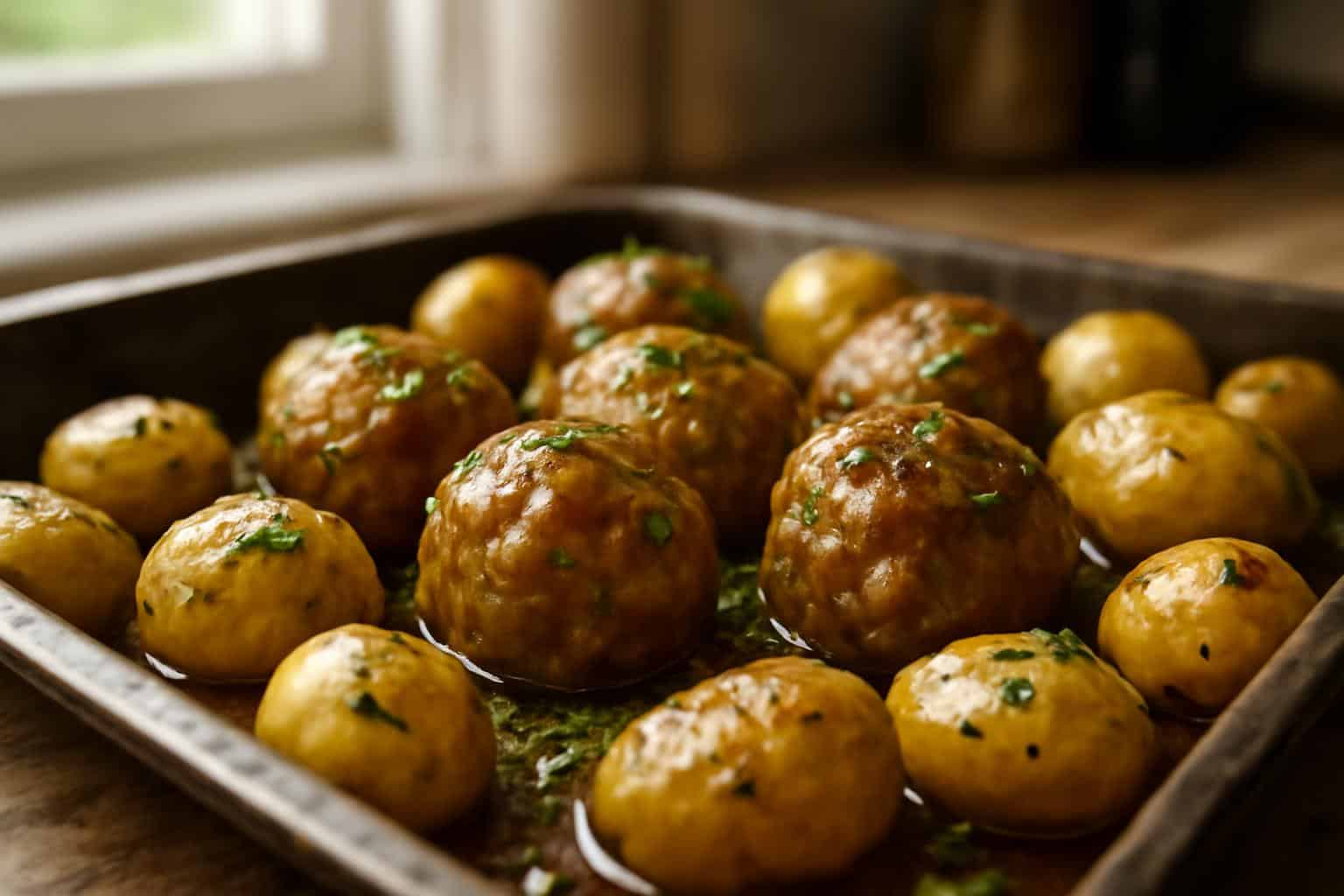 Garlic butter meatballs and roasted potatoes on a baking sheet garnished with parsley