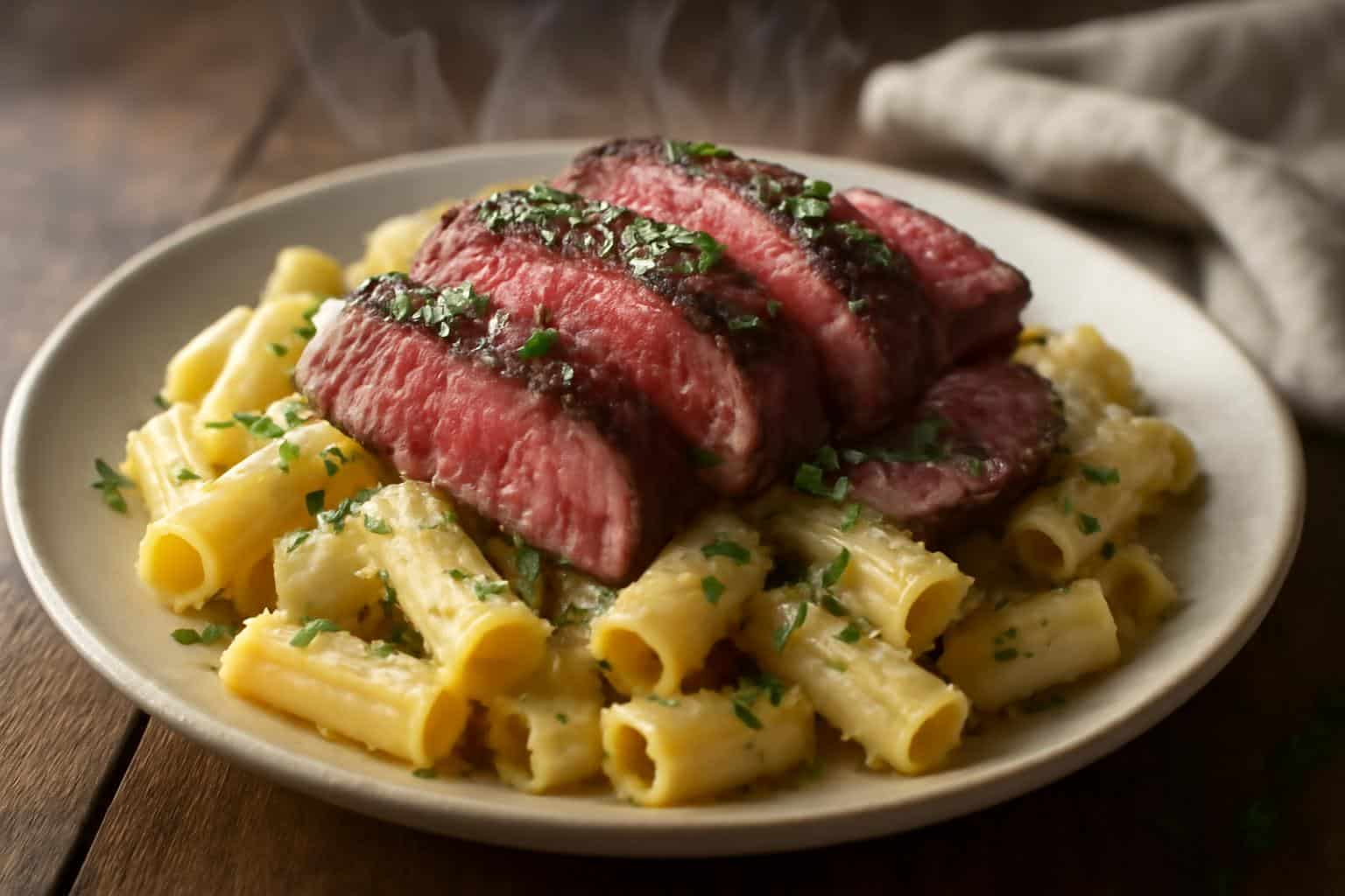 Garlic butter rigatoni topped with succulent steak slices garnished with parsley and Parmesan