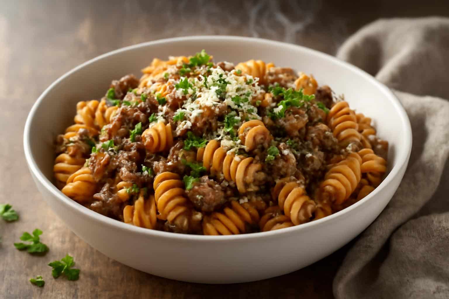 Garlic parmesan beef and rotini pasta garnished with fresh parsley and parmesan cheese