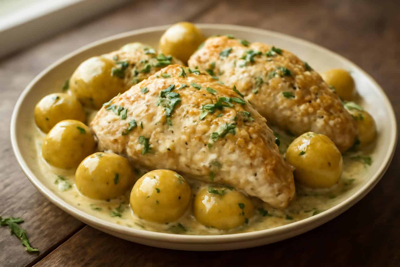 Garlic parmesan chicken crockpot with baby potatoes garnished with parsley