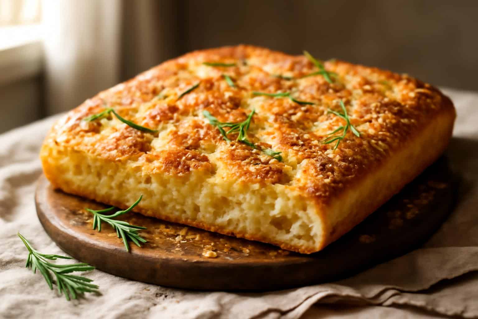 Garlic parmesan focaccia bread with golden crust and fresh rosemary garnish on wooden board