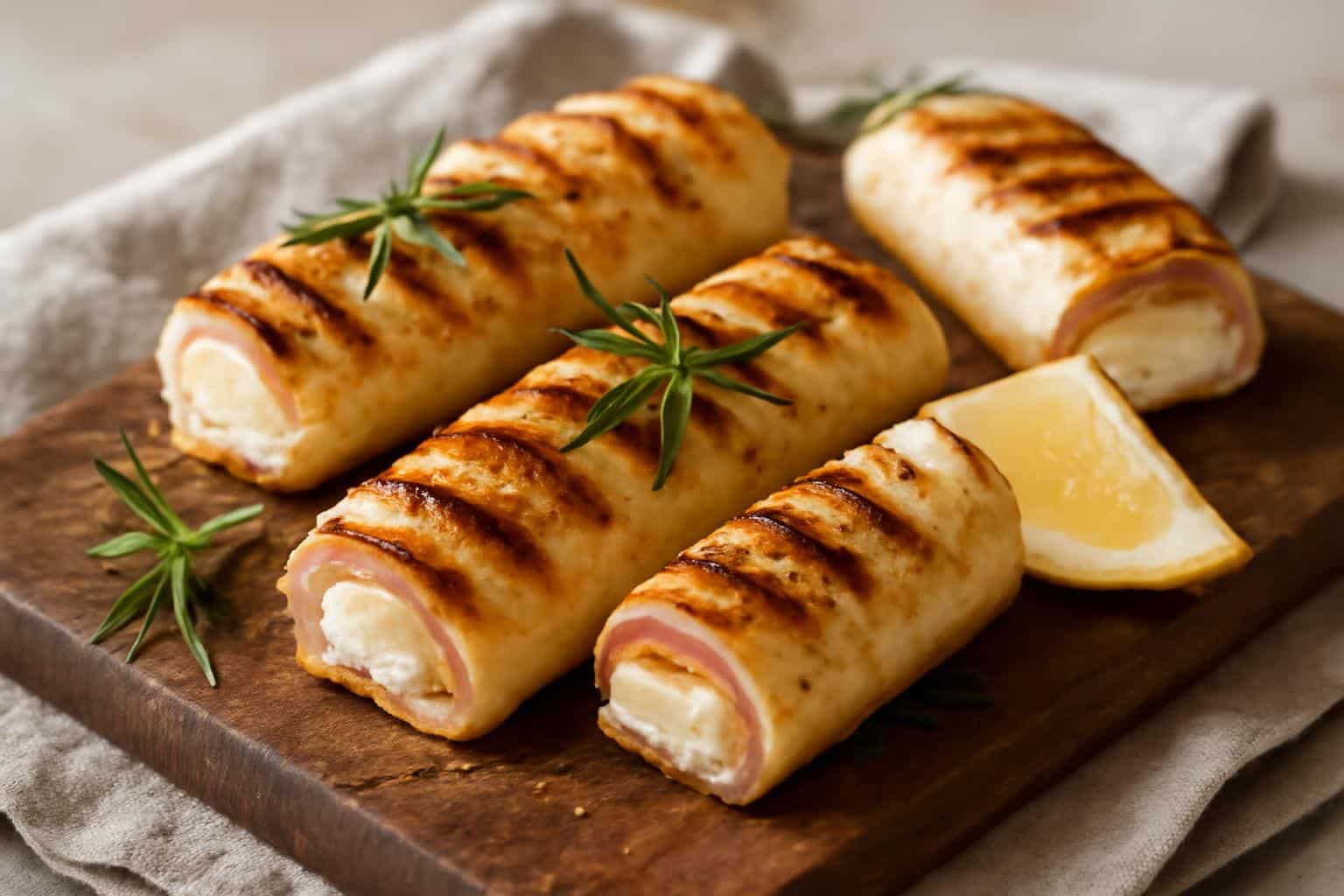 Grilled gegrillte feta-schinkenröllchen with fresh rosemary garnish on wooden board