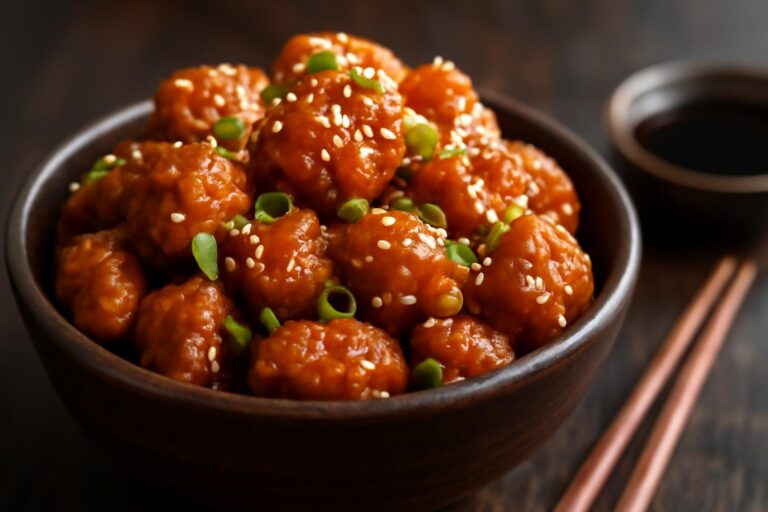 Crispy general tso chicken garnished with sesame seeds and green onions on rustic bowl