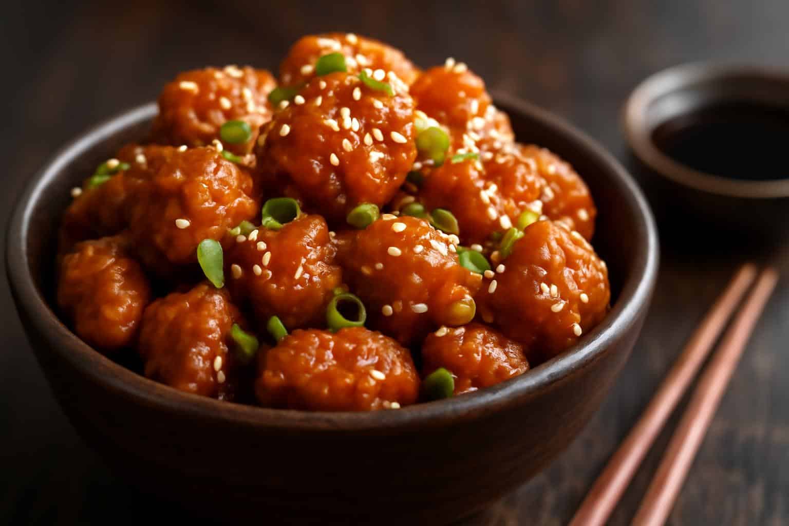 Crispy general tso chicken garnished with sesame seeds and green onions on rustic bowl