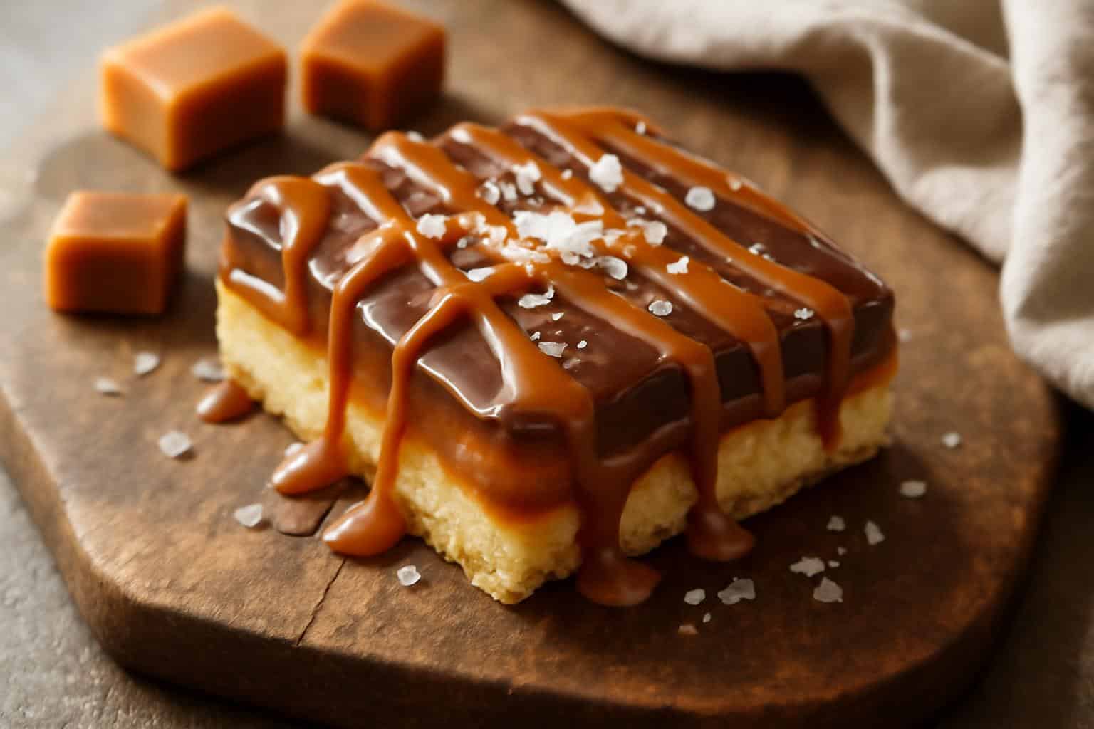 Soft and buttery salted caramel dessert with caramel drizzle and sea salt topping