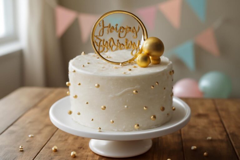 Glamorous birthday cake with sparkling edible glitter and gold accents on white stand
