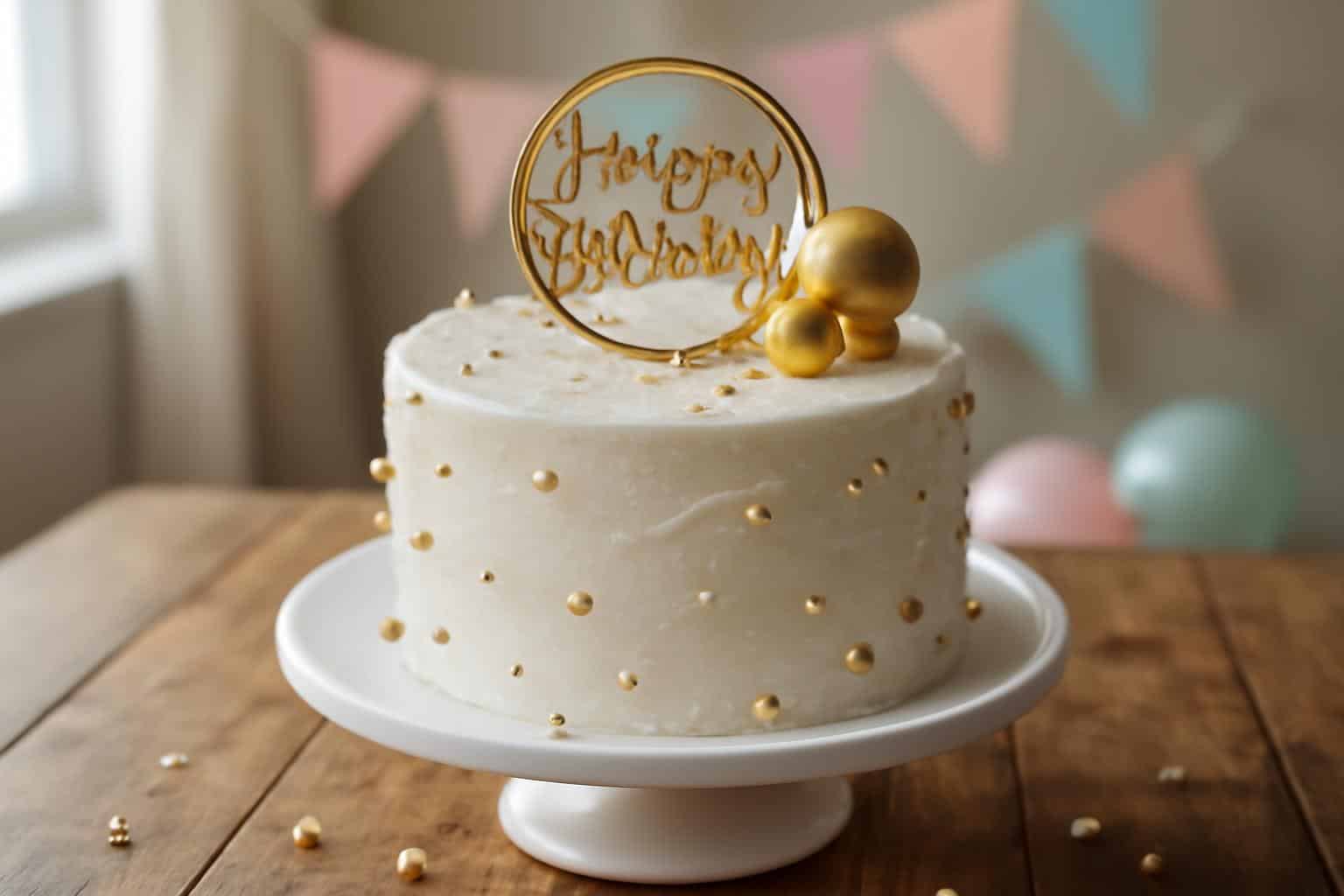 Glamorous birthday cake with sparkling edible glitter and gold accents on white stand