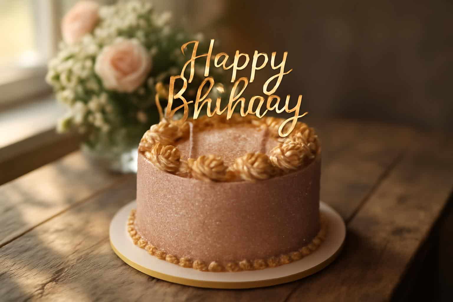 Glamorous birthday cake with edible glitter and gold accents on rustic wood