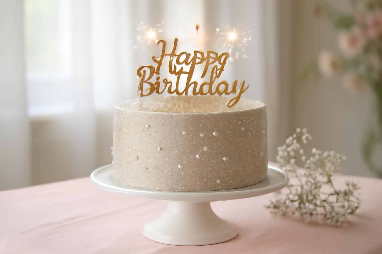 sparkling birthday cake decorated with edible glitter and sugar pearls on white stand