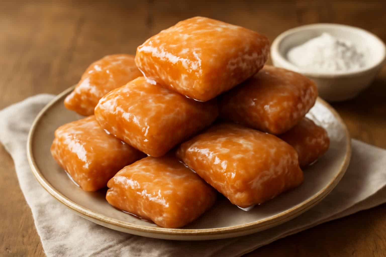 Glazed buttermilk beignets on rustic plate with sweet glaze and powdered sugar