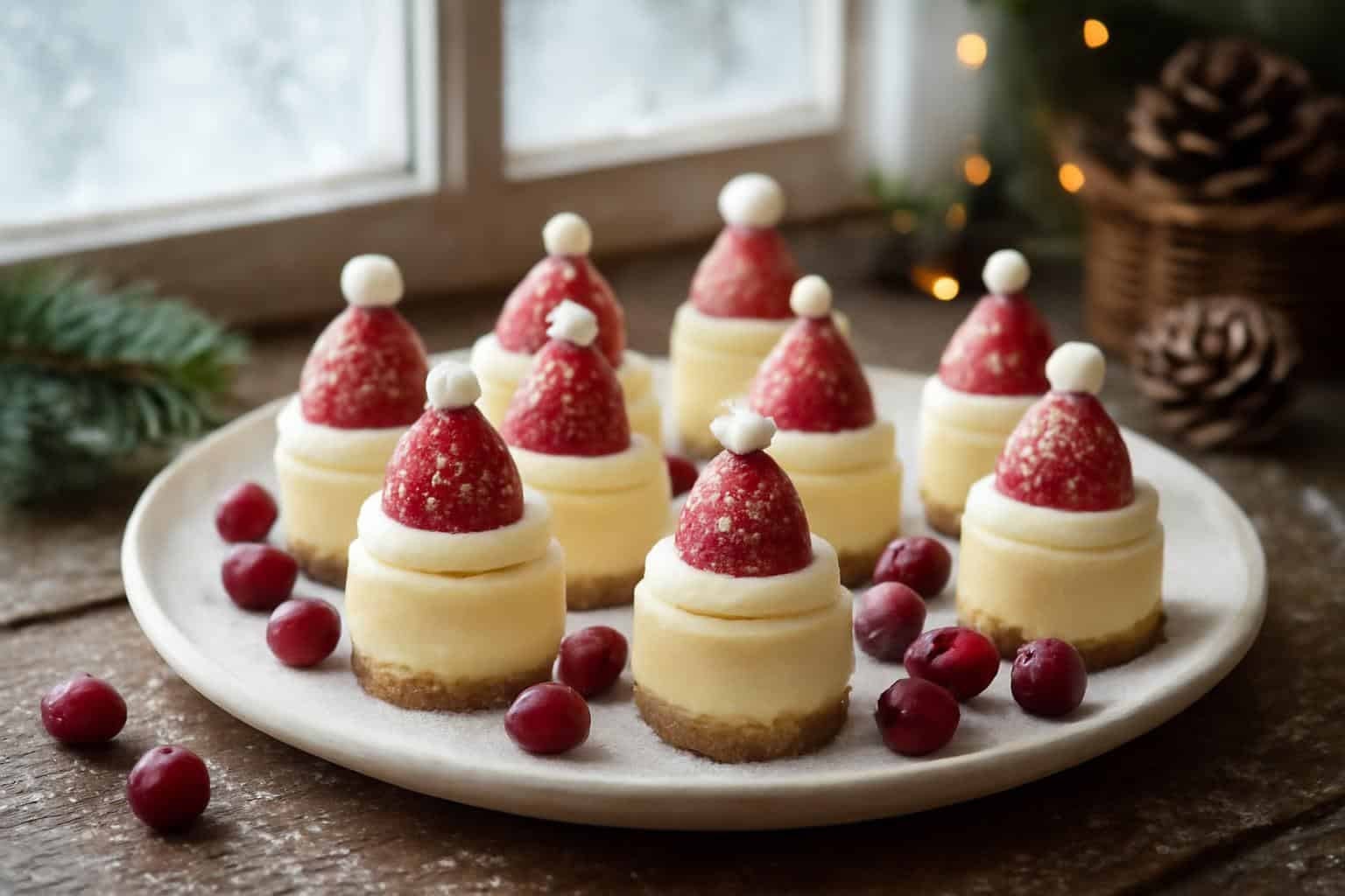 Adorable gnome mini cheesecakes no-bake Christmas dessert with Santa hat garnishes and cranberries