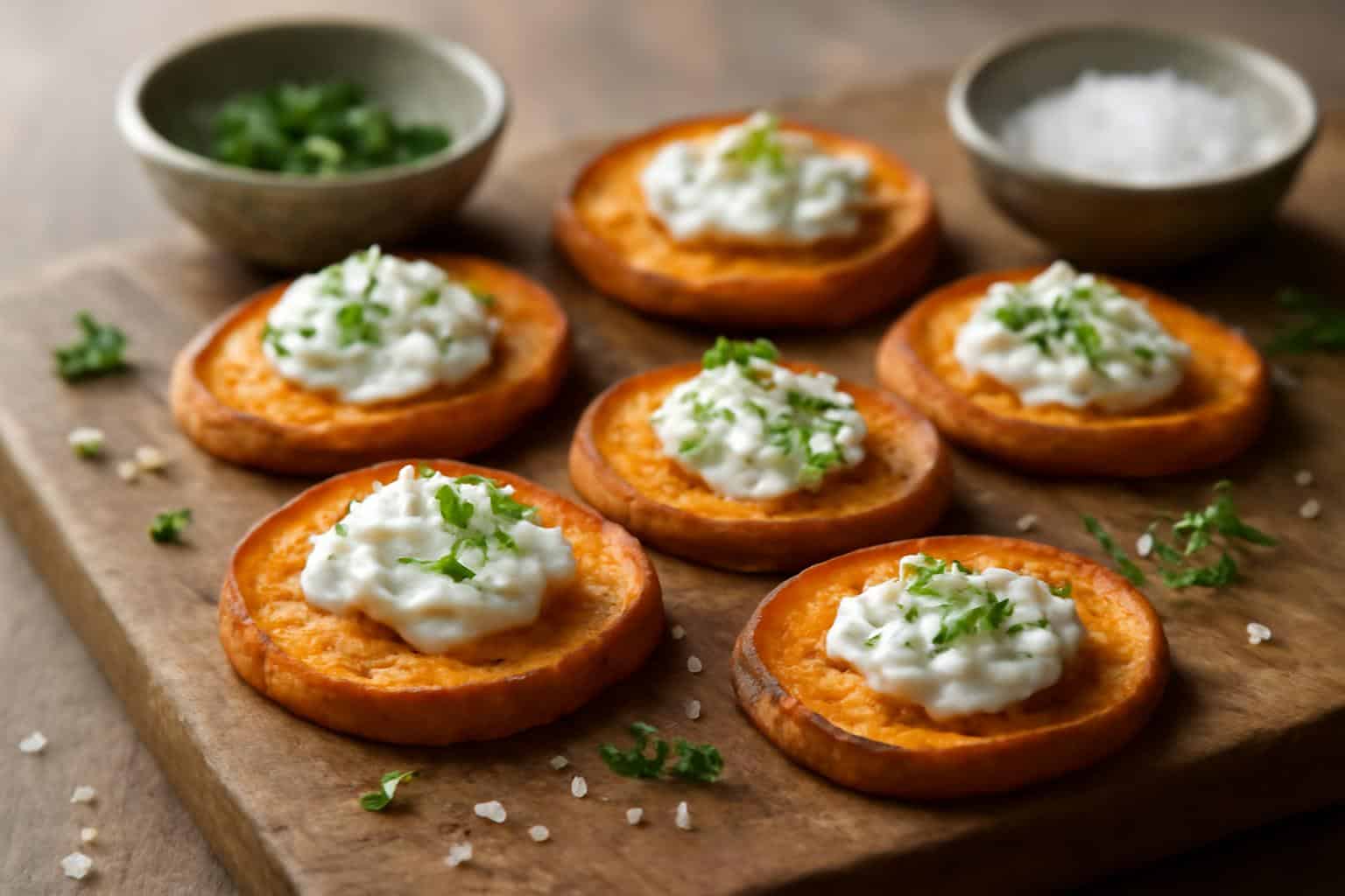 Golden crispy sweet potato rounds topped with luscious goat cheese and fresh herbs on rustic board