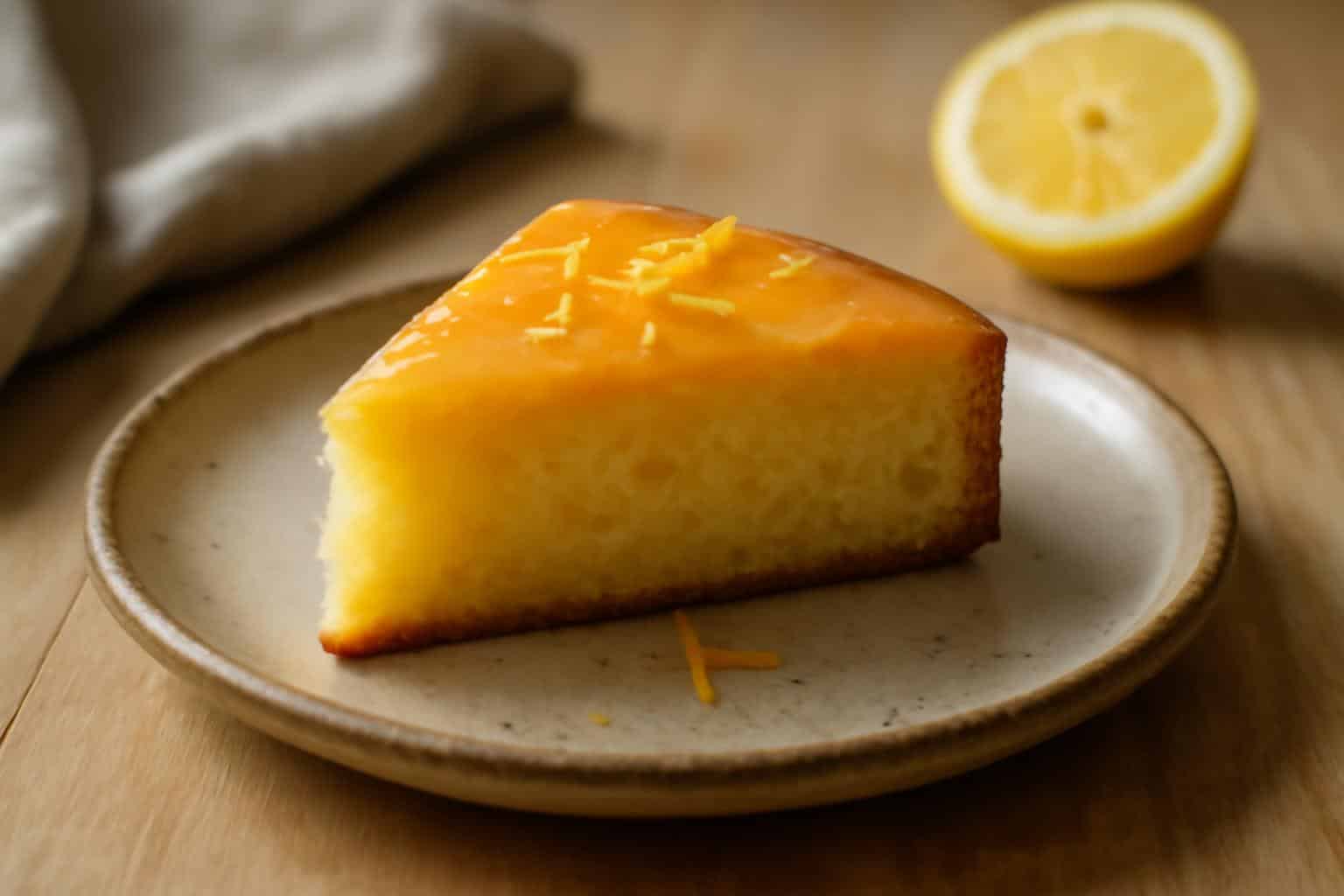A slice of gooey lemon butter cake with lemon zest garnish on rustic plate, showcasing lemon butter cake