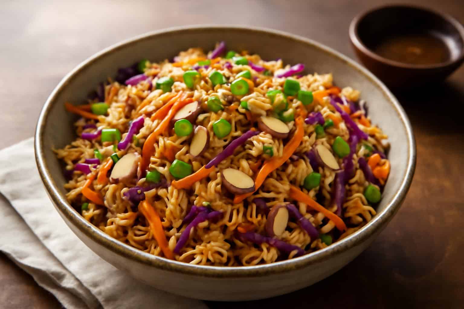 Grandma's crunchy Asian ramen salad with fresh veggies and crispy noodles in a rustic bowl